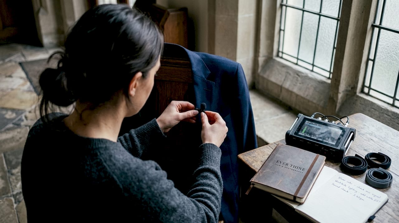 Assistant attaching microphone to suit jacket