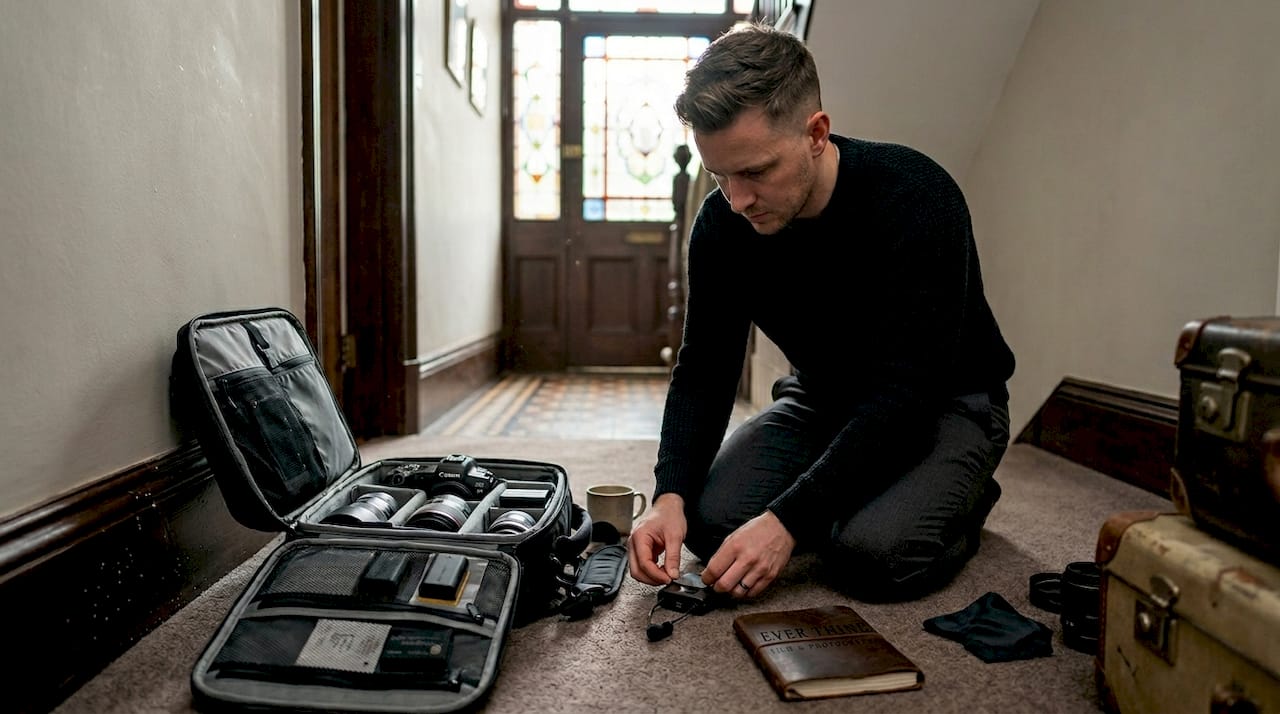 Videographer preparing gear in townhouse hallway