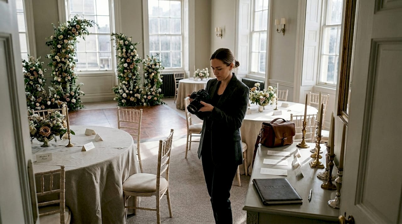 Photographer capturing authentic wedding décor details