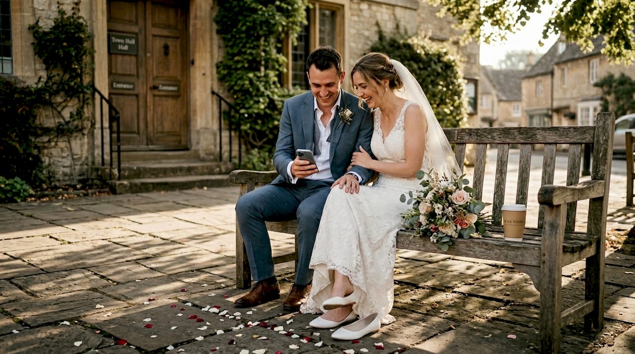 Newlyweds sharing relaxed laughter outside