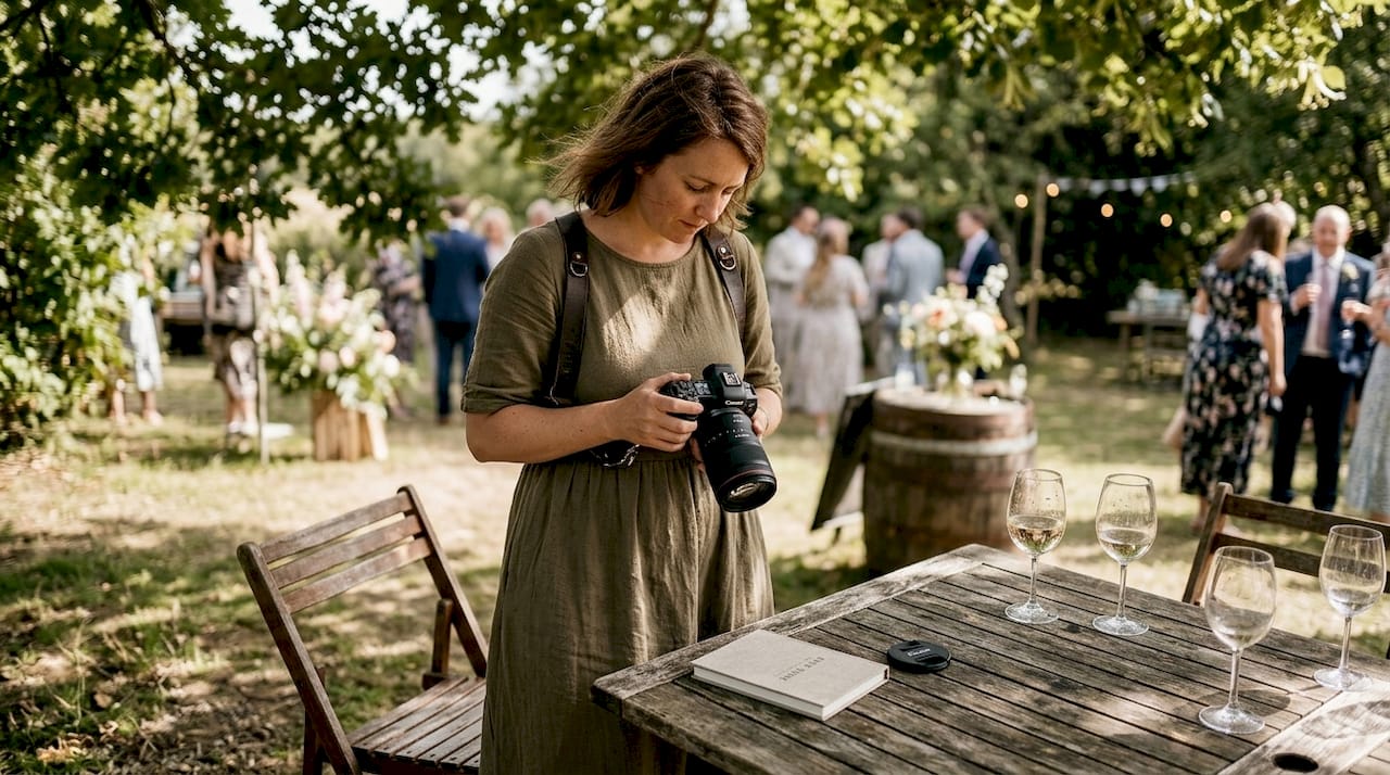 Photographer observing candid wedding moment