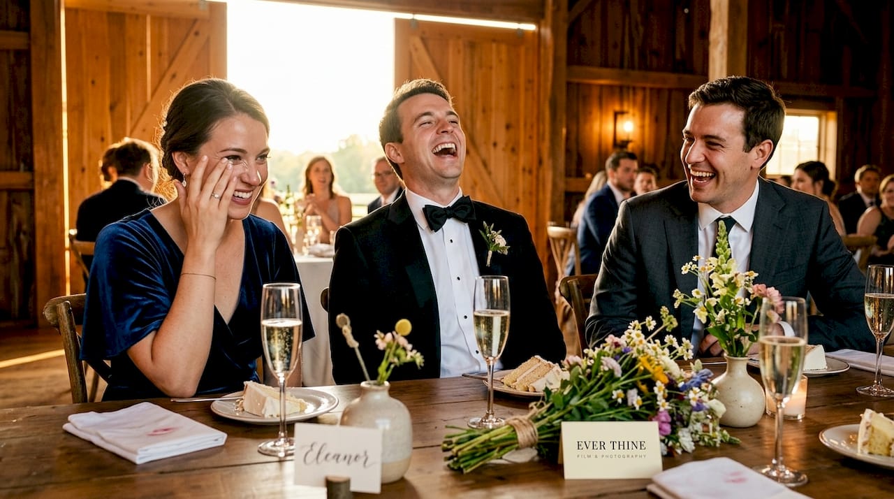 Wedding guests laughing candidly at reception
