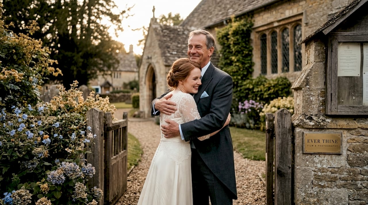 Bride and father share emotional hug at wedding