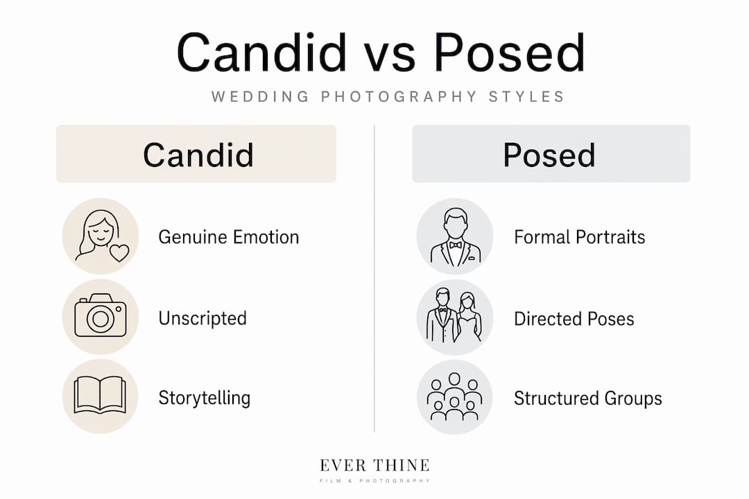 Infographic comparing candid and posed wedding photography