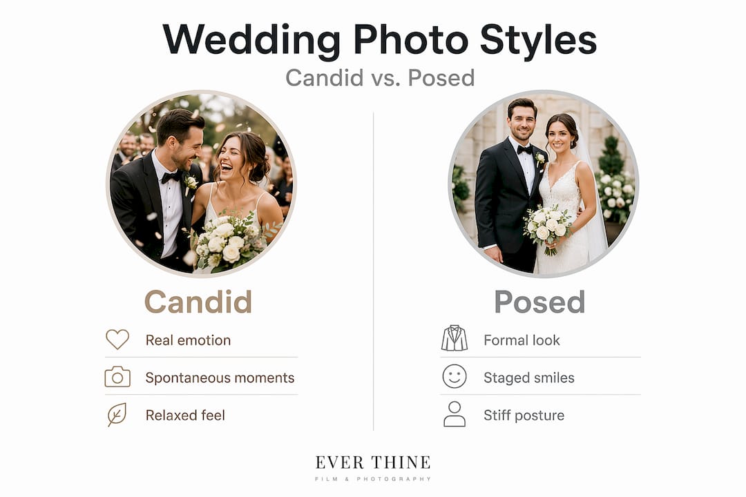 Infographic comparing candid and posed wedding photo styles