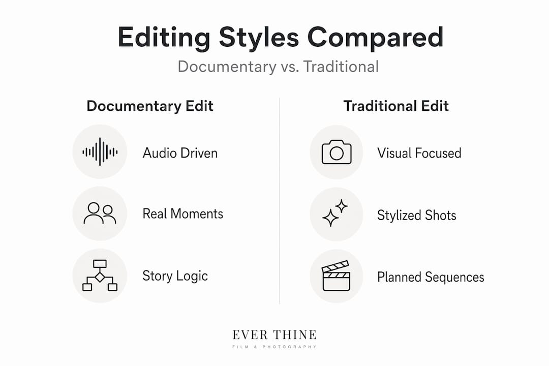 Infographic comparing documentary and traditional wedding editing