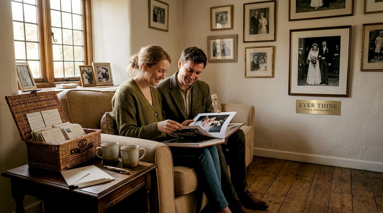 Couple reviewing wedding album at home