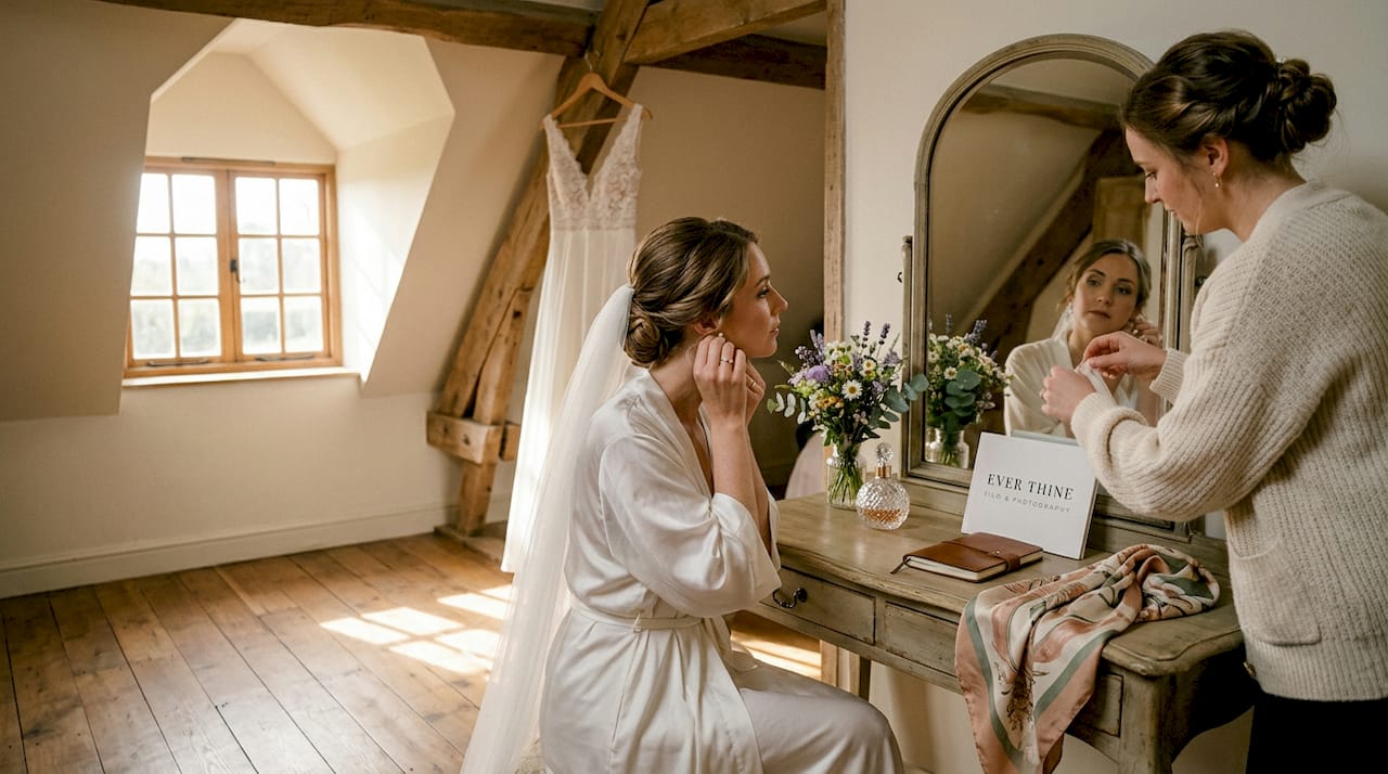 Bride and friend preparing before wedding