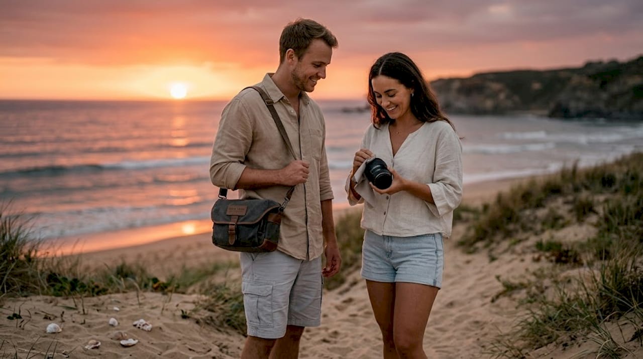 Couple prepares camera gear in sunlit park