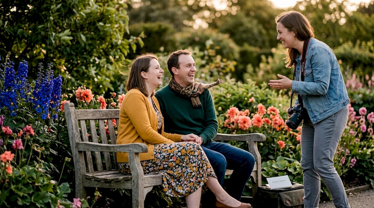 Photographer prompts laughing couple candidly outdoors