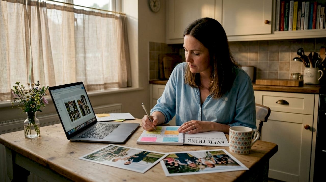 Woman planning wedding album layout at home