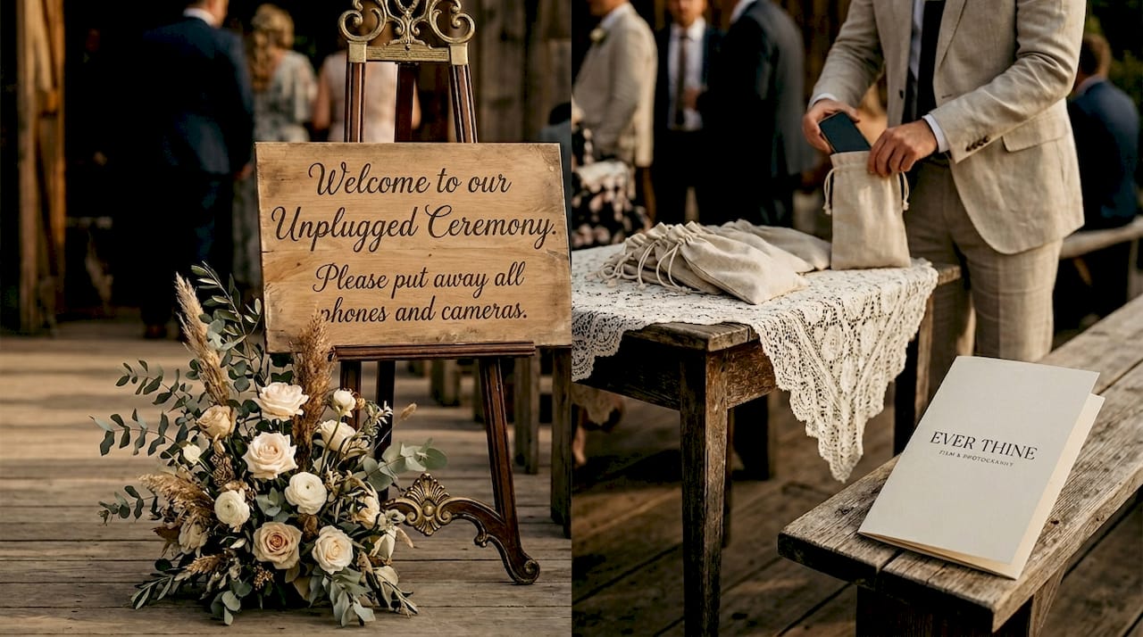 Cartel para ceremonia de boda sin dispositivos electrónicos con bolsillo para el teléfono del invitado