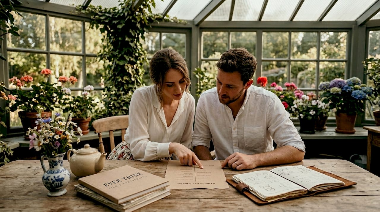 Bride and groom reviewing wedding timeline