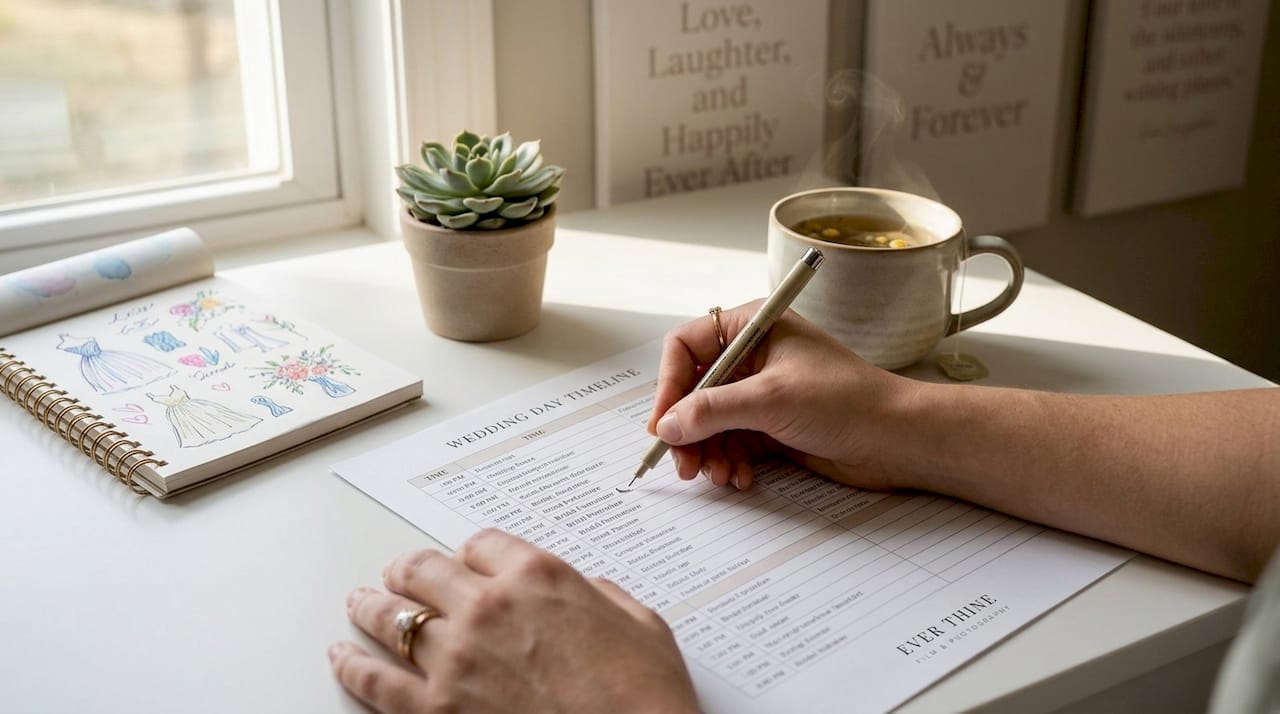 Hand marking wedding timeline on clipboard