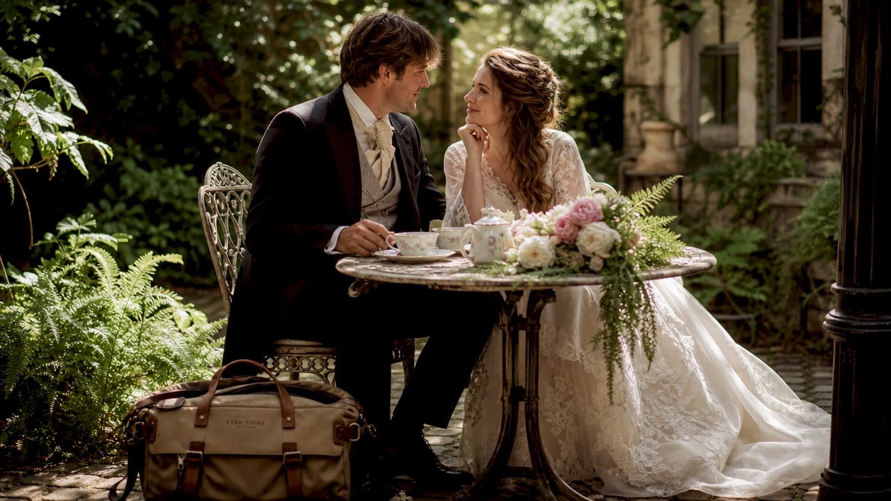 Couple in vintage wedding attire in decorated venue