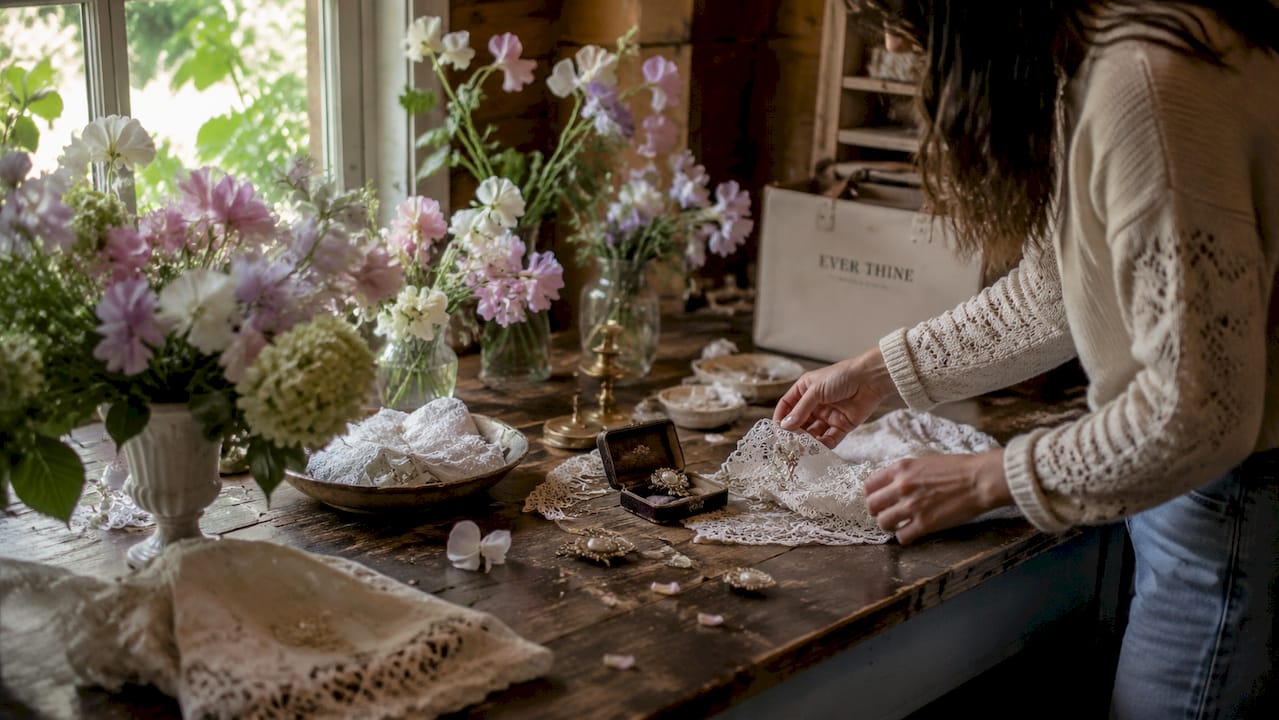 Hands arranging vintage wedding décor details