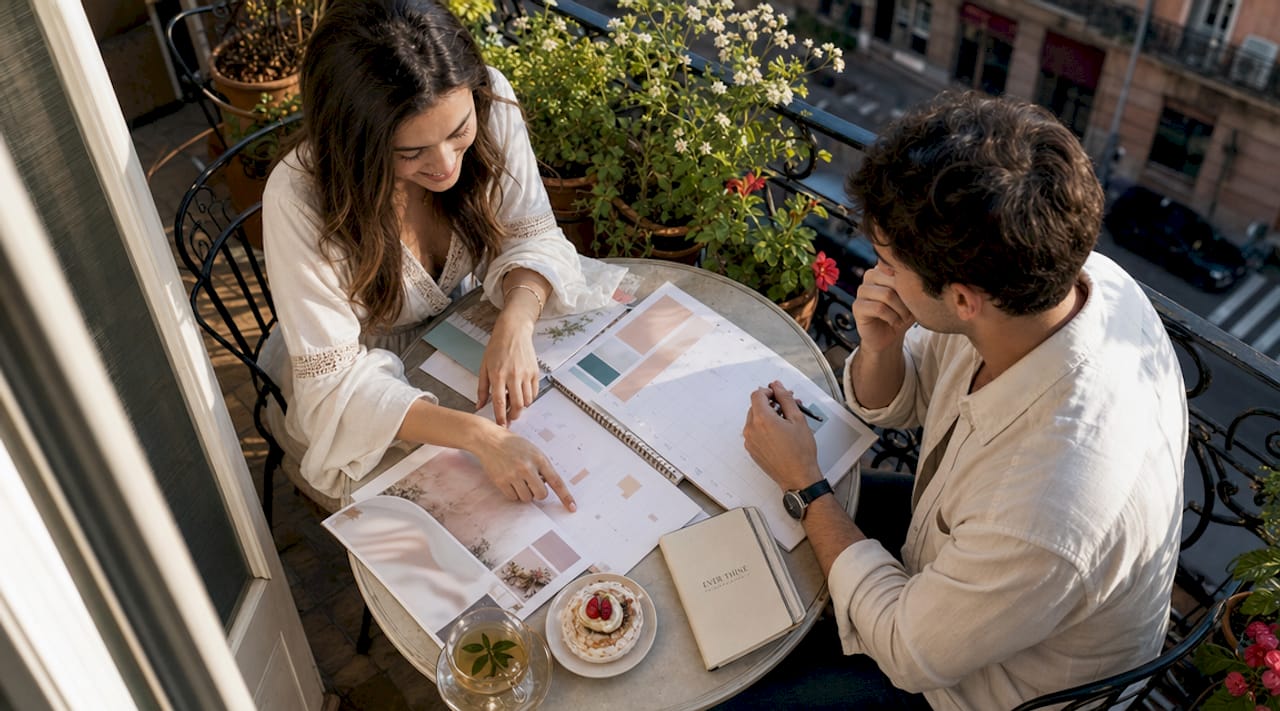 Couple planning wedding date seasonality