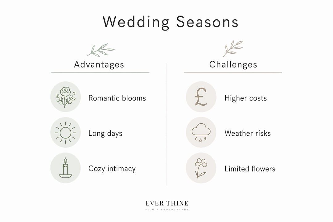 Infographic comparing wedding season advantages and challenges