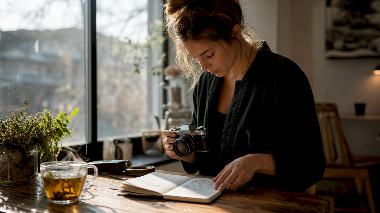 Photographer preparing camera in sunlit home studio