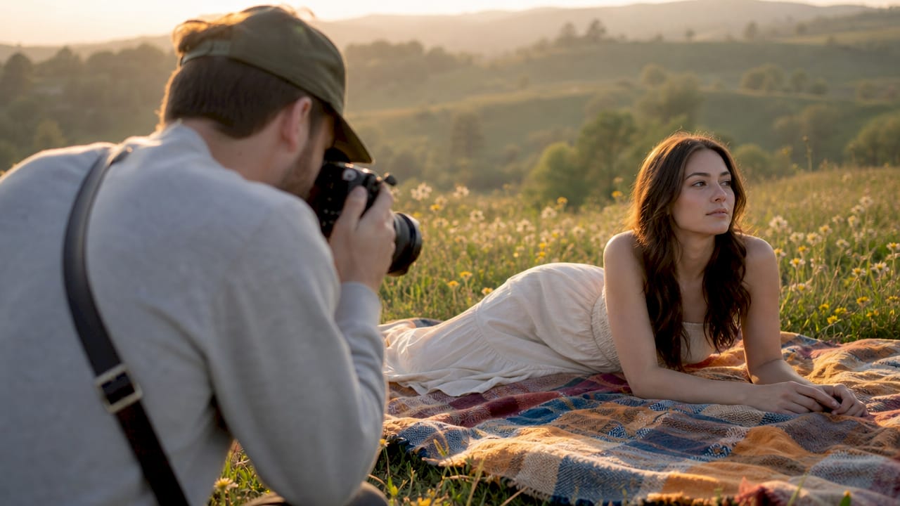 Photographer taking natural light portrait outdoors
