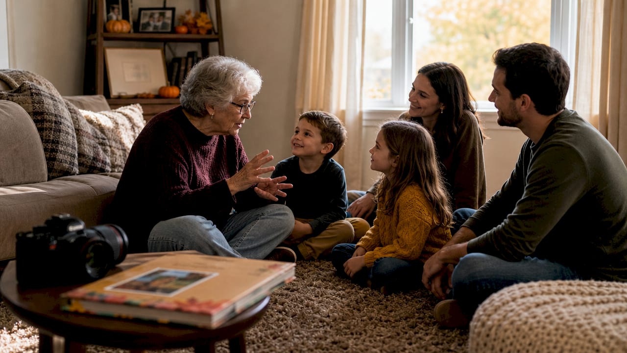 Family storytelling outdoors in park