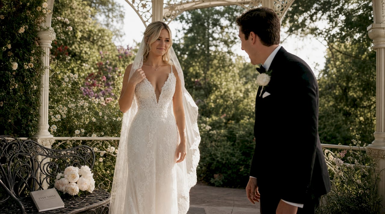 Groom seeing bride's wedding dress first time
