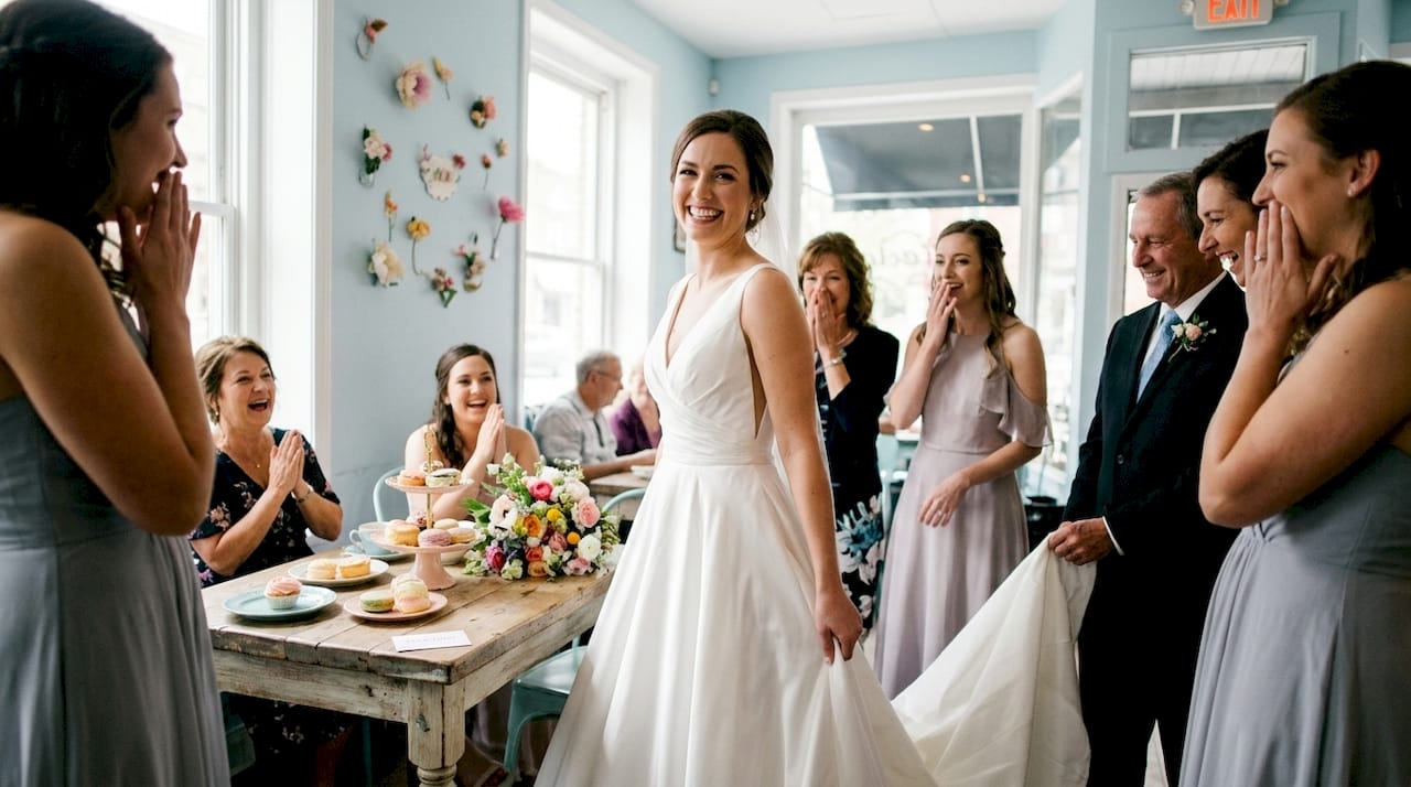 Bridal reveal to bridesmaids in living room
