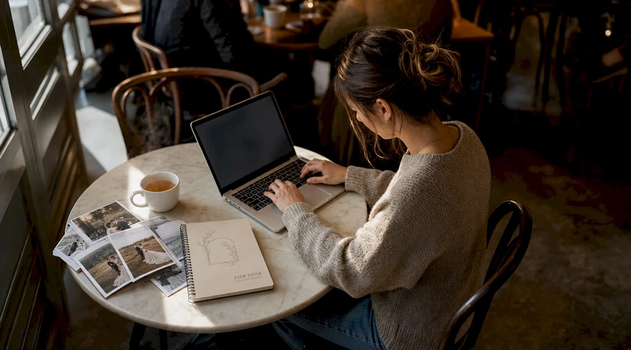 Woman reviewing wedding photographer portfolio on laptop