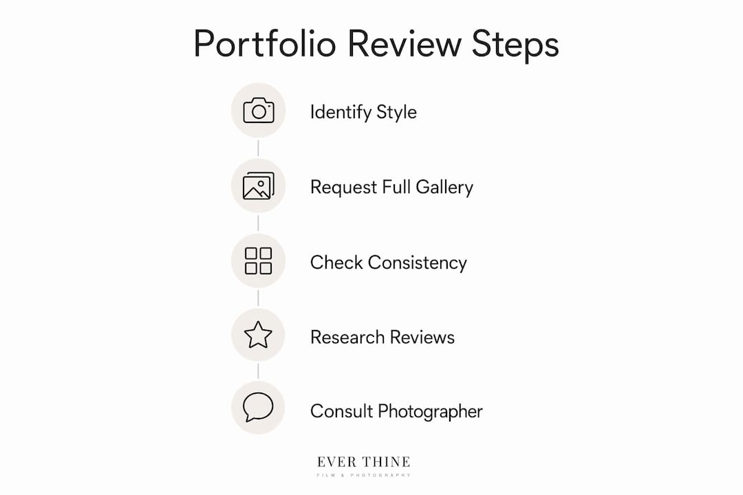 Infographic illustrating steps to review photographer portfolios