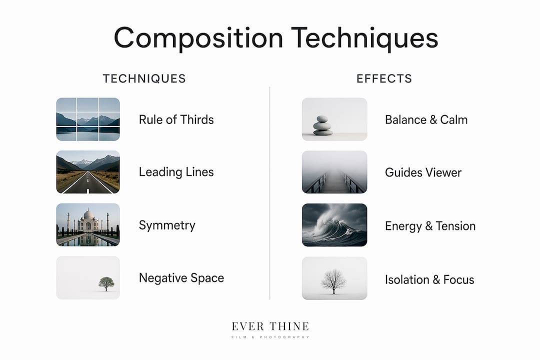 Infographic comparing photographic composition techniques and effects