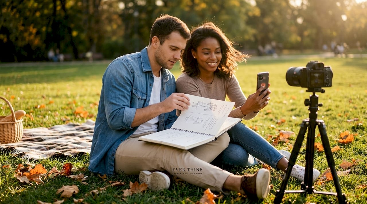 Engaged couple planning their engagement session outdoors