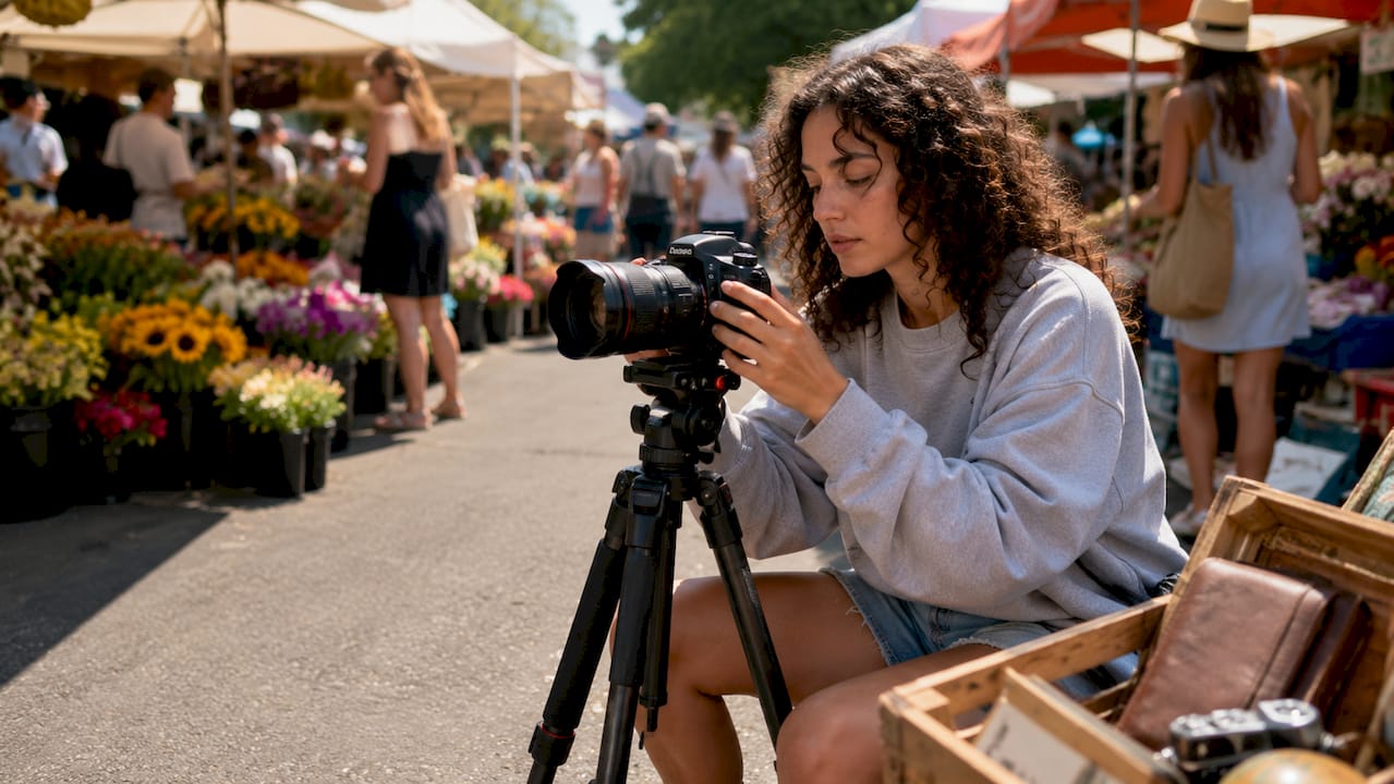 Photographer adjusting camera in art studio