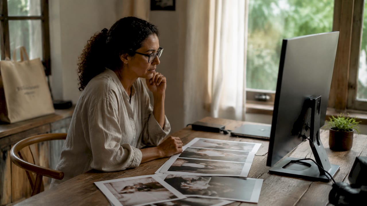 Photographer reviewing proofs on calibrated monitor