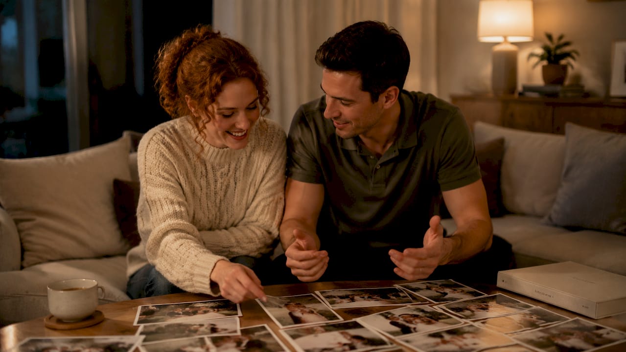 Couple reviewing wedding photo proofs together