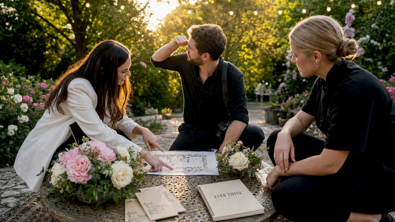 Wedding planner with photographer and caterer reviewing plans