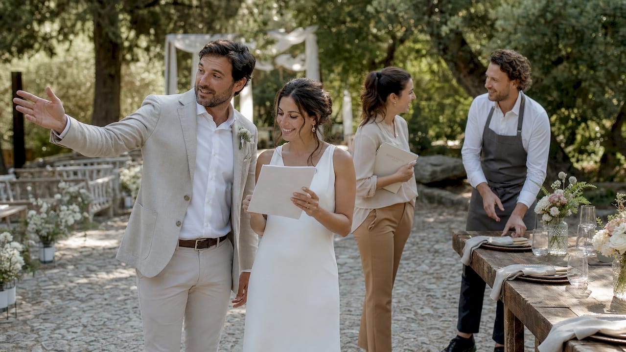 Couple inspecting wedding venue interior together