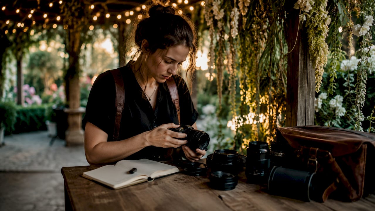 Local wedding photographer preparing gear indoors