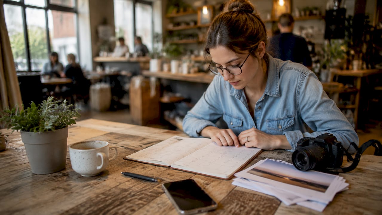 Photographer reviewing booking calendar at desk