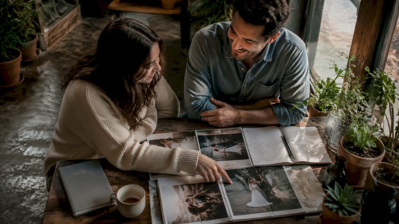 Couple reviewing wedding photography portfolios together