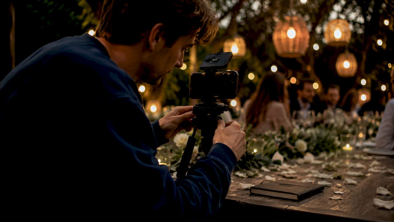 Hands adjusting smartphone rig for wedding content