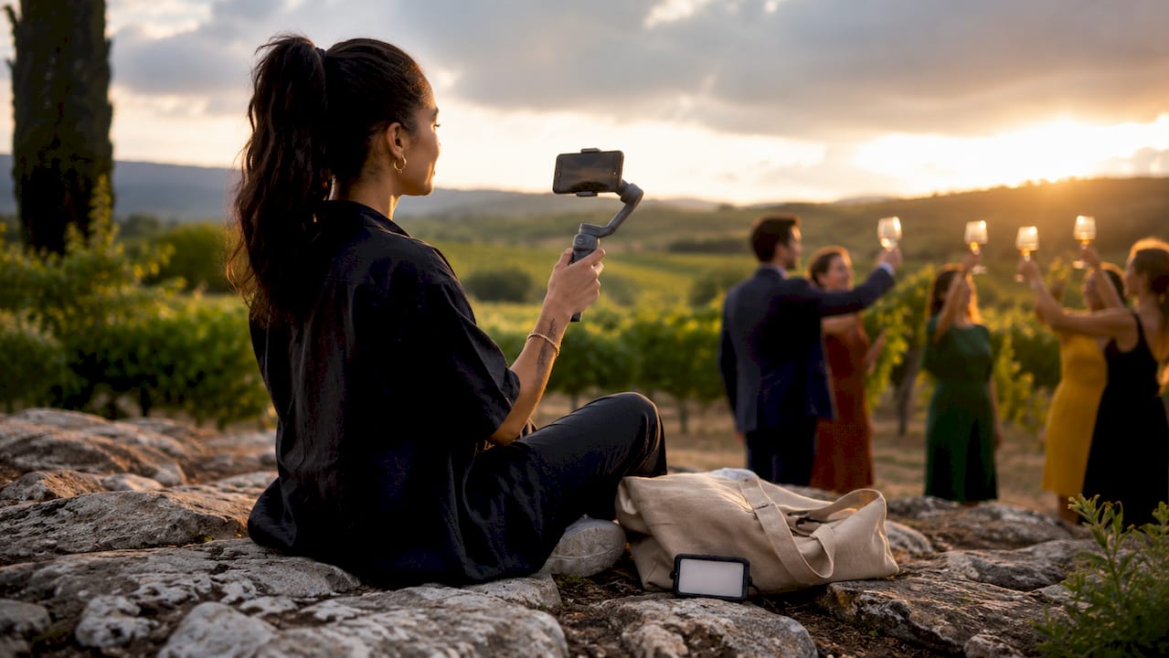 Wedding content creator filming outdoor wedding moments