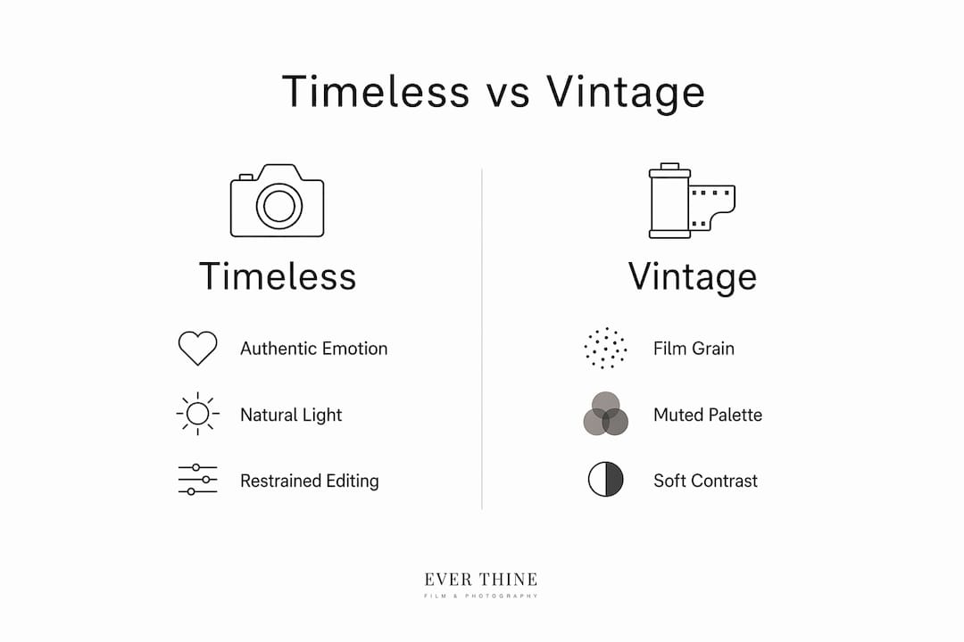 Infographic comparing timeless and vintage wedding photography traits