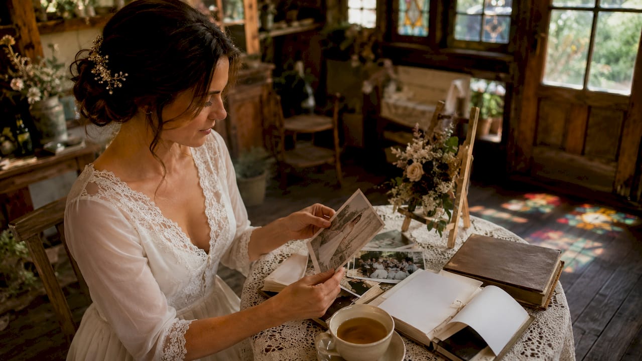 Bride reviewing wedding photos for album design