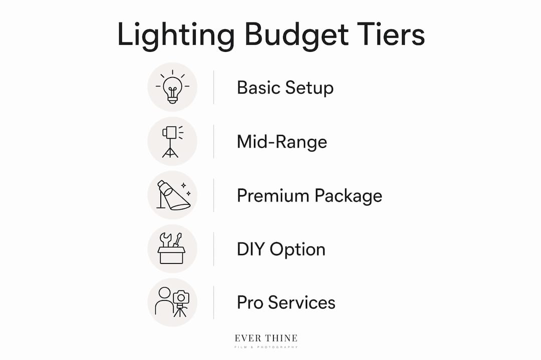 Infographic illustrating wedding lighting budget tiers