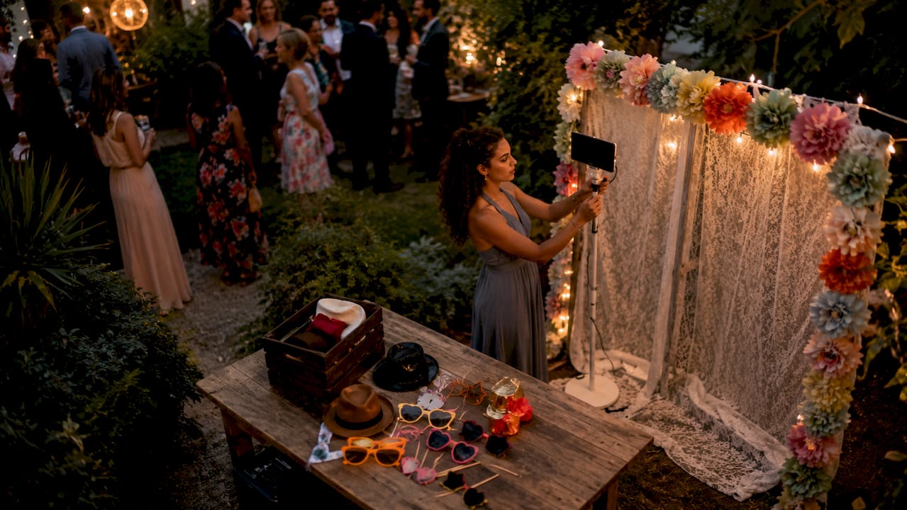 Woman setting up rustic DIY wedding photo booth indoors
