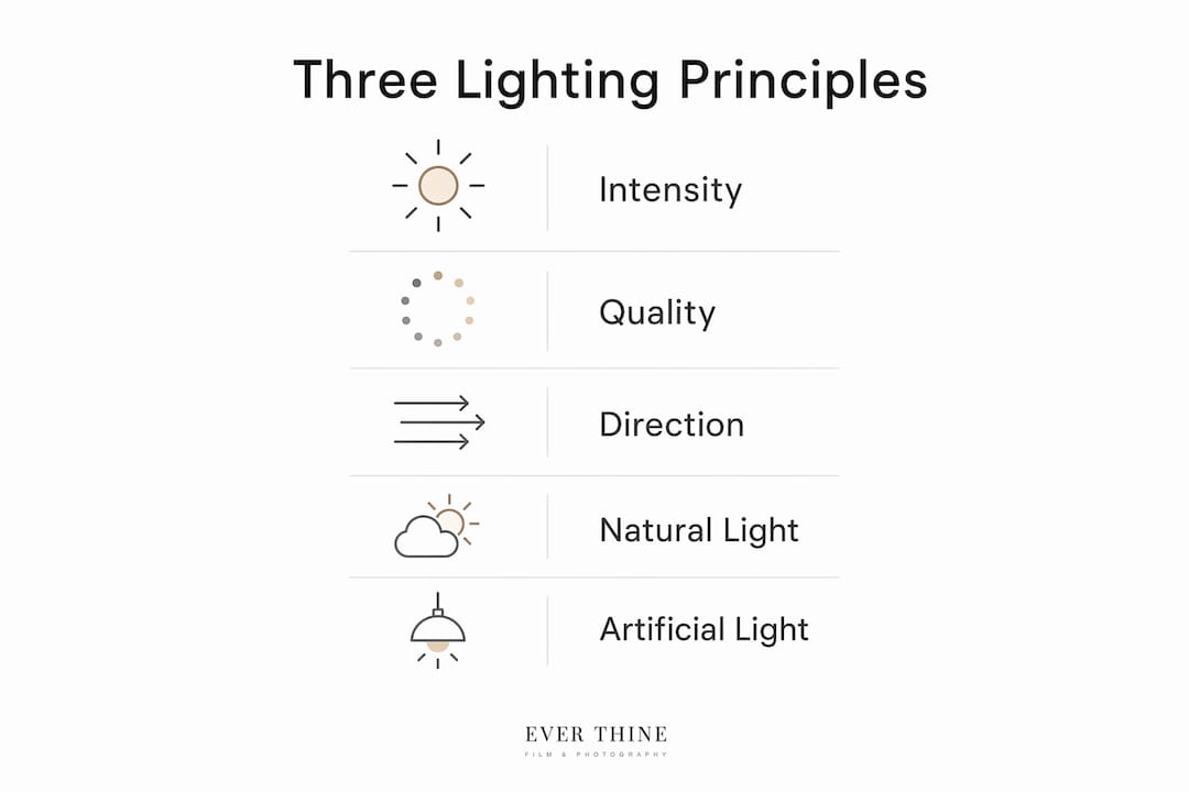 Infographic illustrating three lighting principles and light types