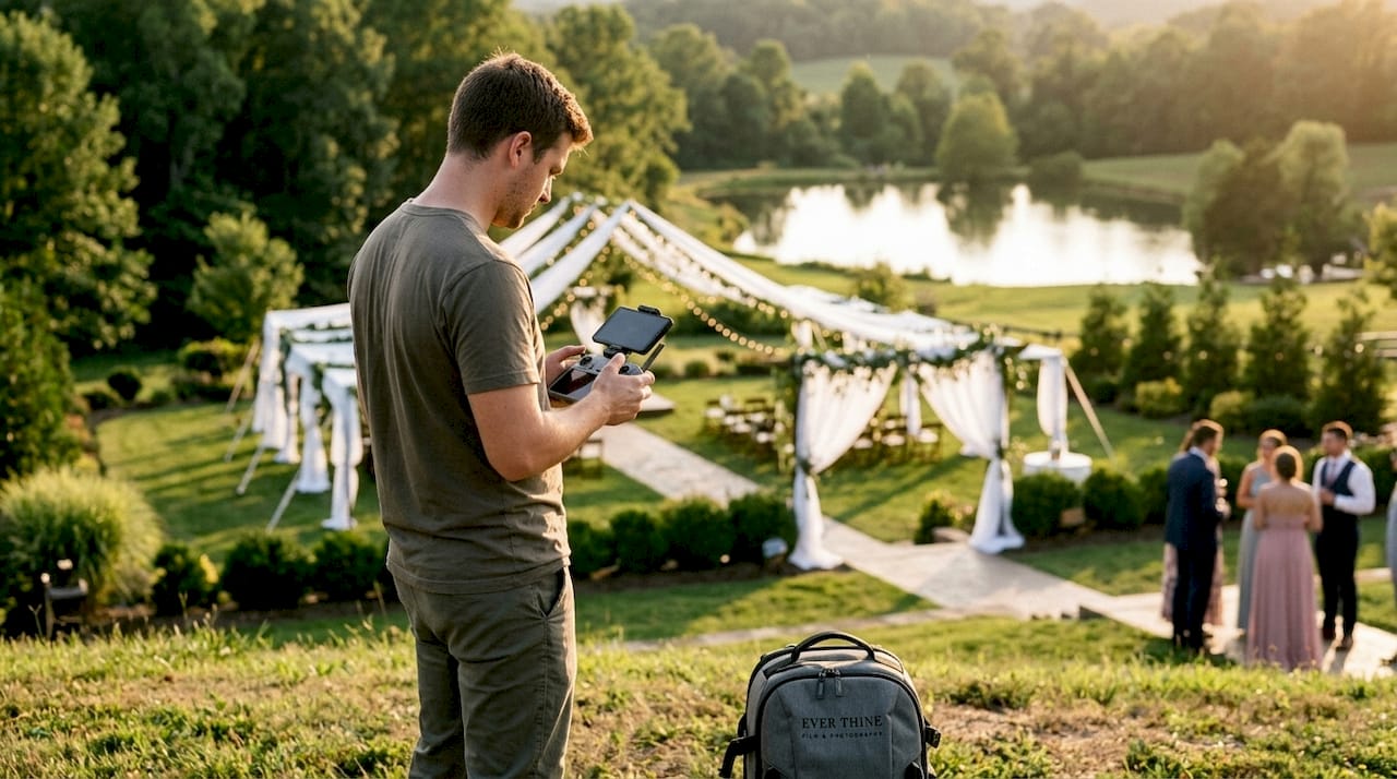 Drone operator preparing to film wedding venue outdoors