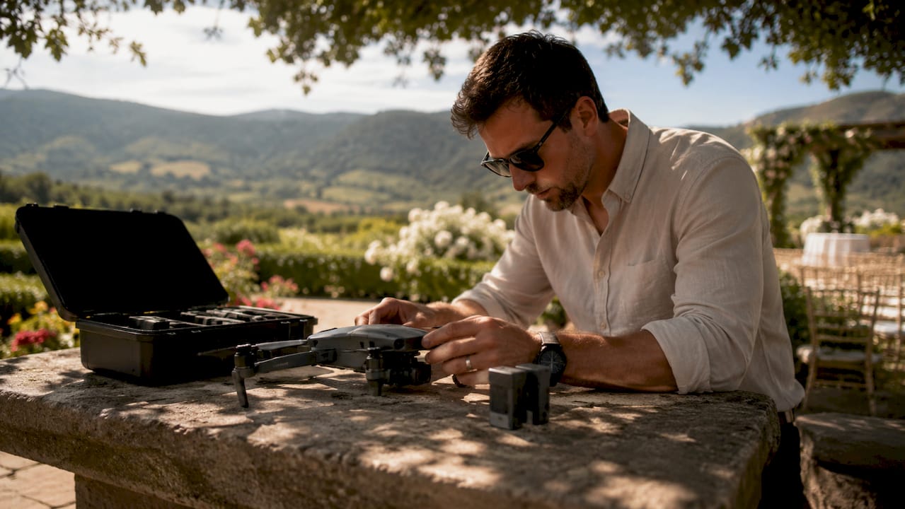 Videographer preparing drone for aerial wedding filming