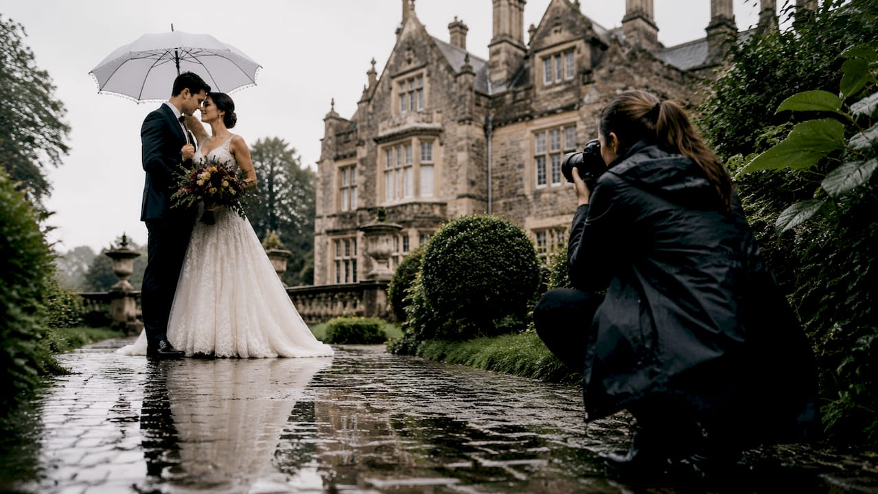 Bride and groom under umbrella at rainy UK wedding