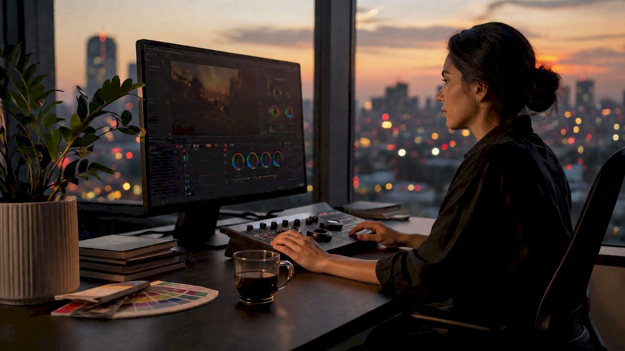 Videographer performing colour grading at desk